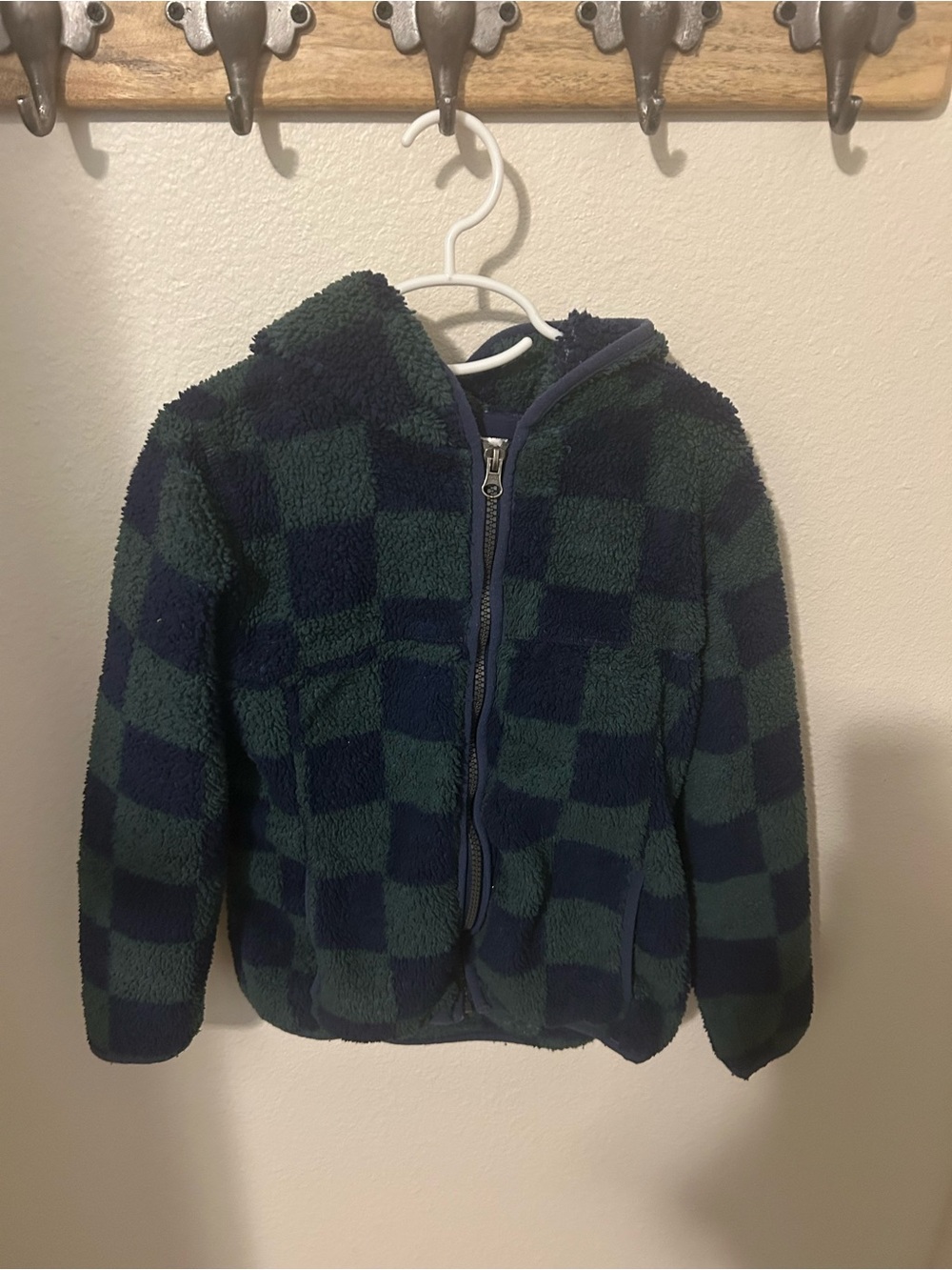Hooded Sherpa Jacket - Navy and Green Plaid